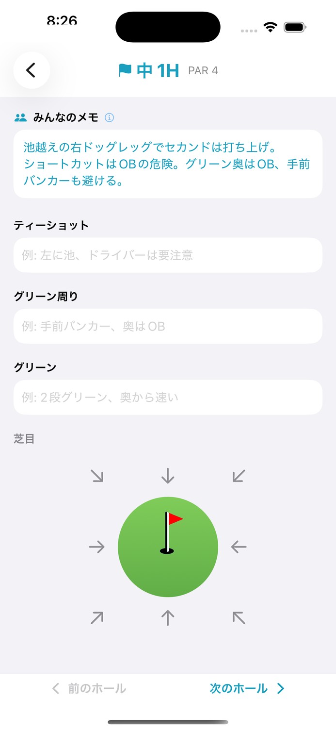 ホール画面の上部に表示されるゴルメモの「みんなのメモ」。そのホールの攻略が最初から書かれている